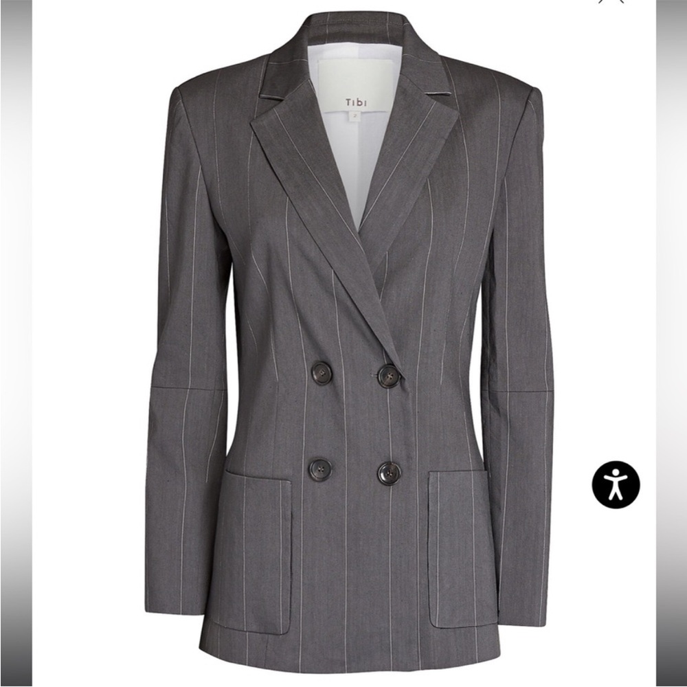 ▪️Tibi Gray Linen Blend Pinstripe Double Breasted Blazer Elbow Cutouts